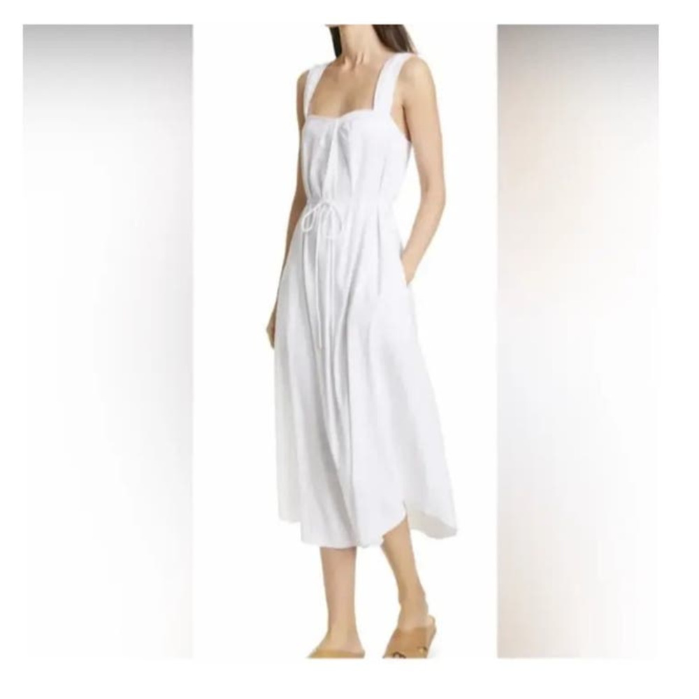 Vince White Linen Midi Dress size M Sleeveless Tie Waist Sweetheart Neckline